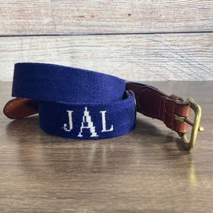 Mens Smathers & Branson Needlepoint Blue Leather Embroidered JLA Size 34 Belt